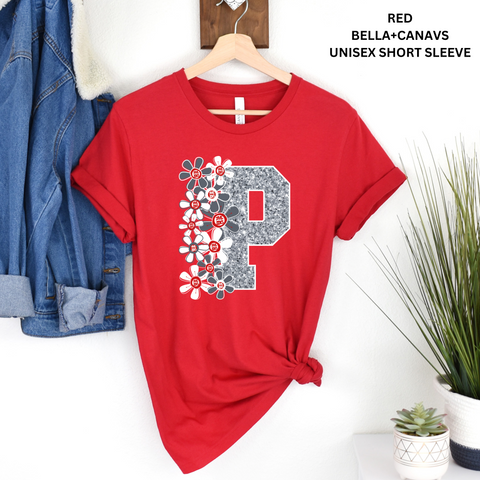 P Faux Glitter Floral: Red/Grey/White: With Dots Logo