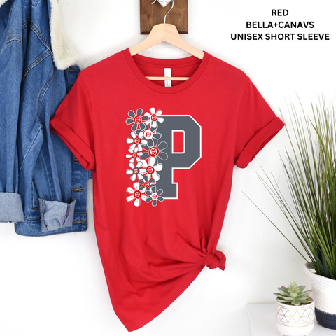 P: Solid Grey Floral With White Outline: Red/Grey/White: With Dots Logo