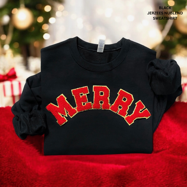 MERRY Chenille Patch With Gold Glitter Backing Sweatshirt: Super Saturday Sale Ends 11/30/24 At 11:59pm Or When Sold Out