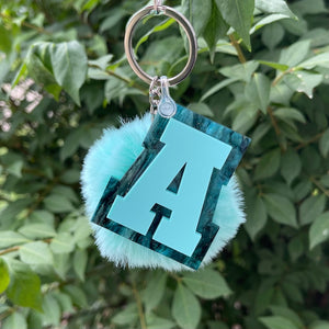 Teal Pom Pom Custom Letter Keychain