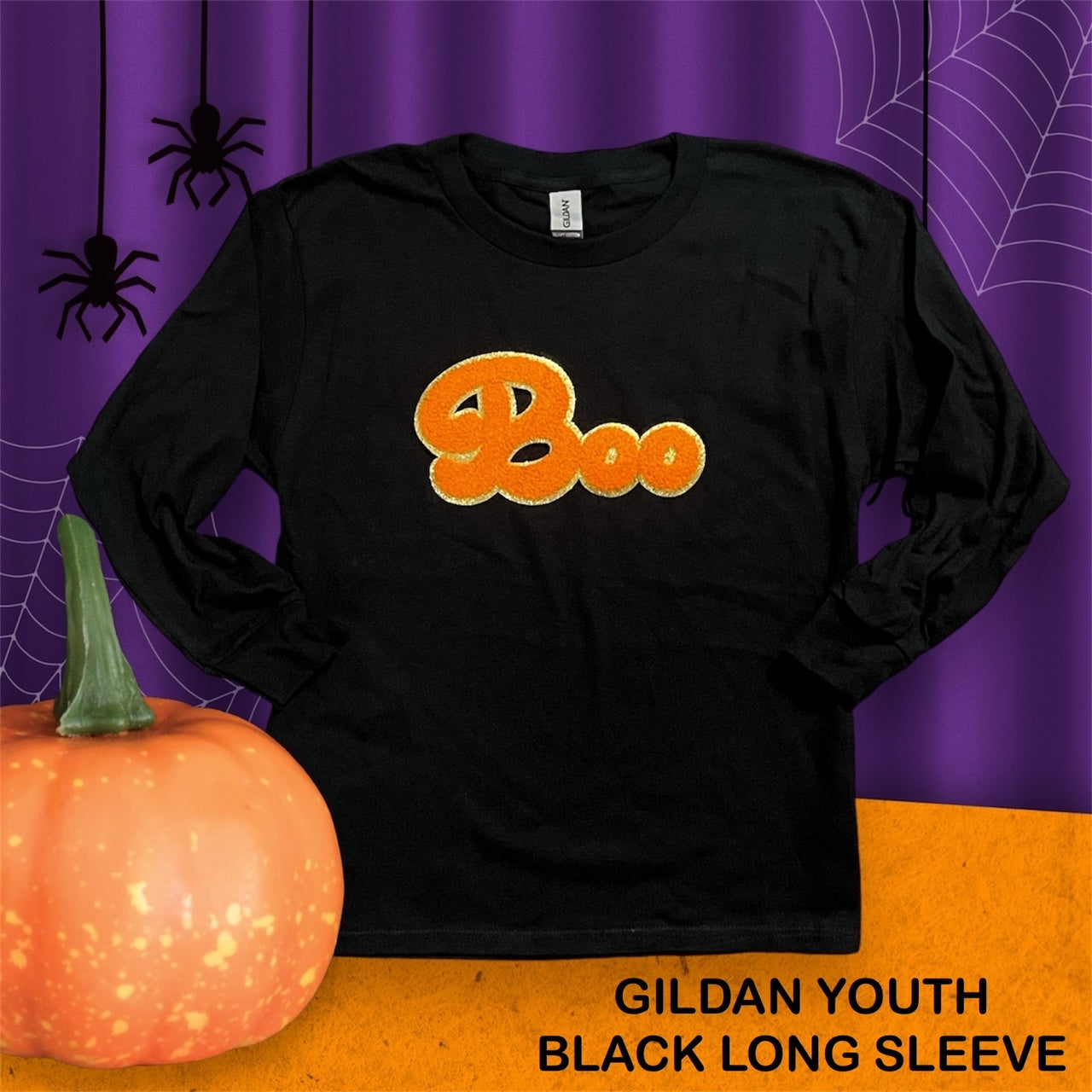 Youth Boo Chenille Patches With Glitter Backing: Black Gildan Long Sleeve