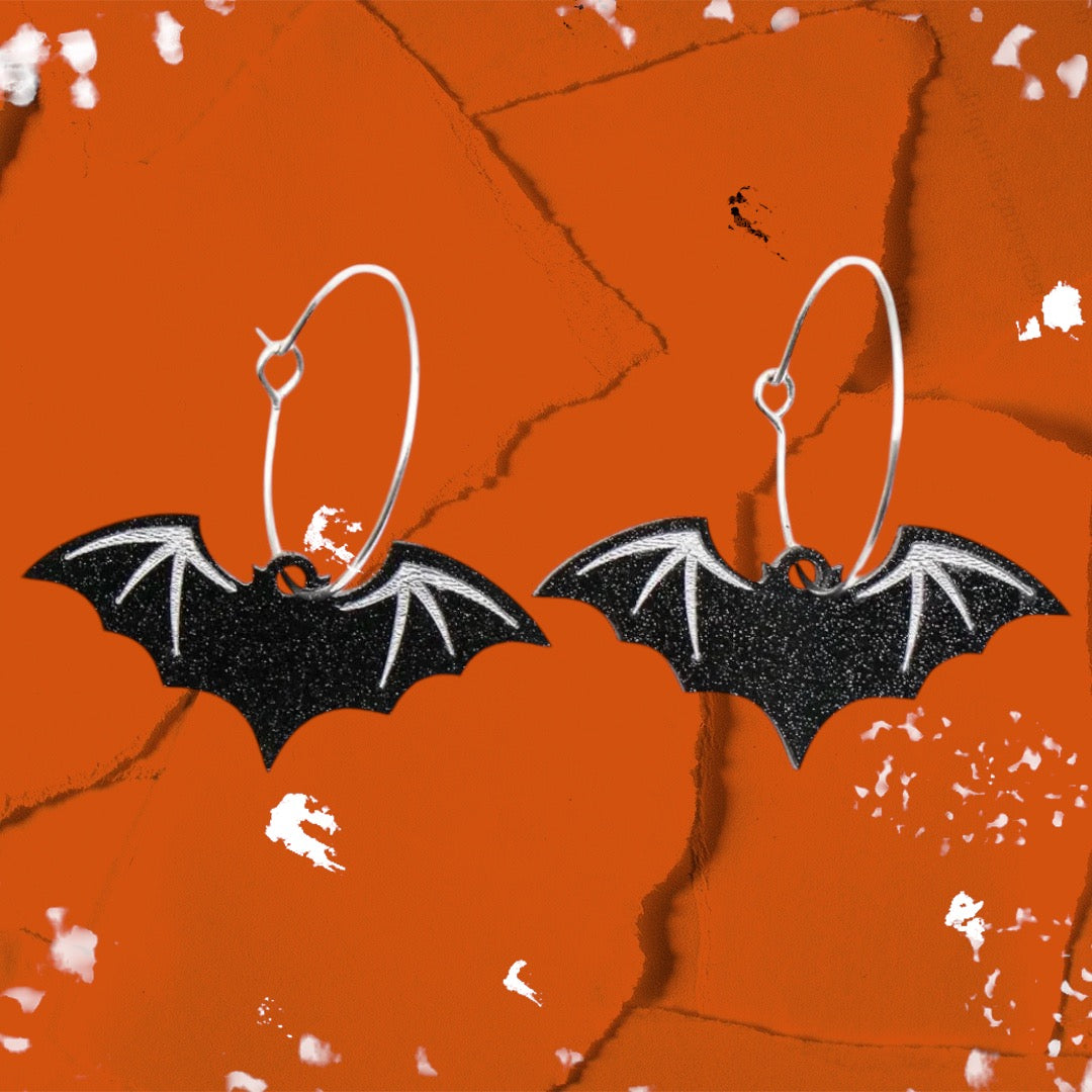 Black Glitter Bat Hoop Earrings