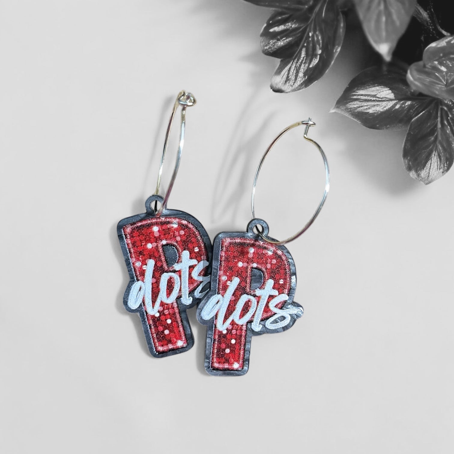 Red P Dots Dangle Earrings-Silver Hoop