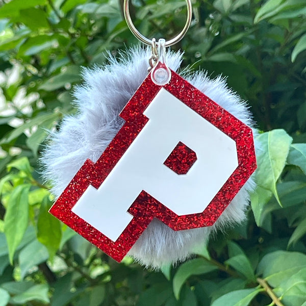 Grey Pom Pom Custom (Red/White) Letter Keychain