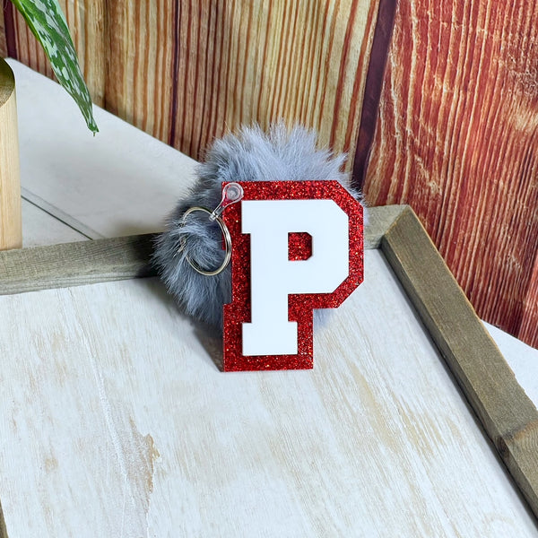 Grey Pom Pom Custom (Red/White) Letter Keychain