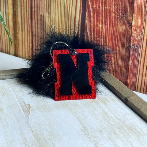 Black Pom Pom Custom (Black/Red) Letter Keychain