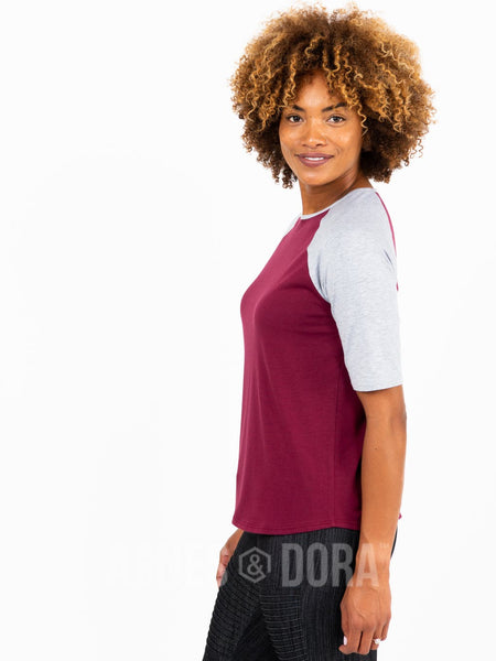 Sizes Small & Medium While Supplies Last: Agnes & Dora™ Raglan Top Wine with Heather Gray: Final Sale. No Returns Or Exchanges