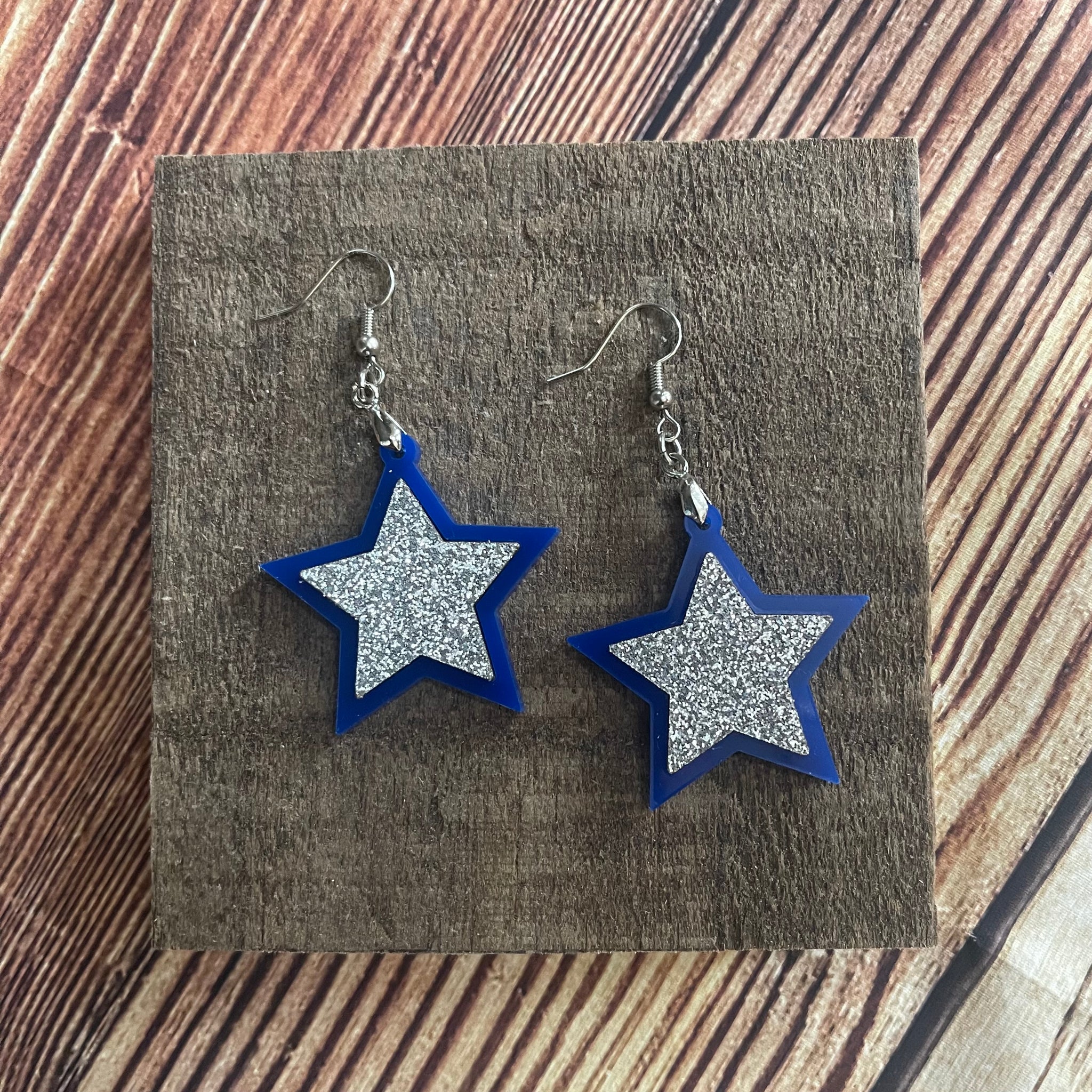 1.5" Star Inlay Earrings (Blue/Silver Glitter)