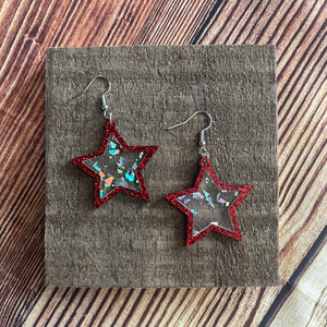 1.5" Star Inlay Earrings (Red/Clear Glitter Specks)