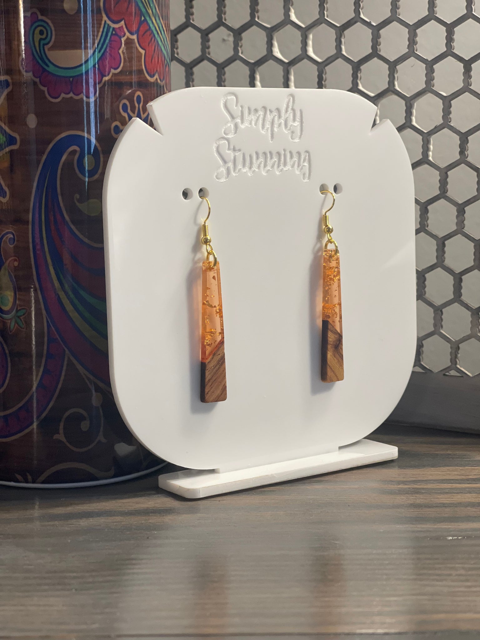 Peach/Gold Trapezoid Wood/Resin Earrings