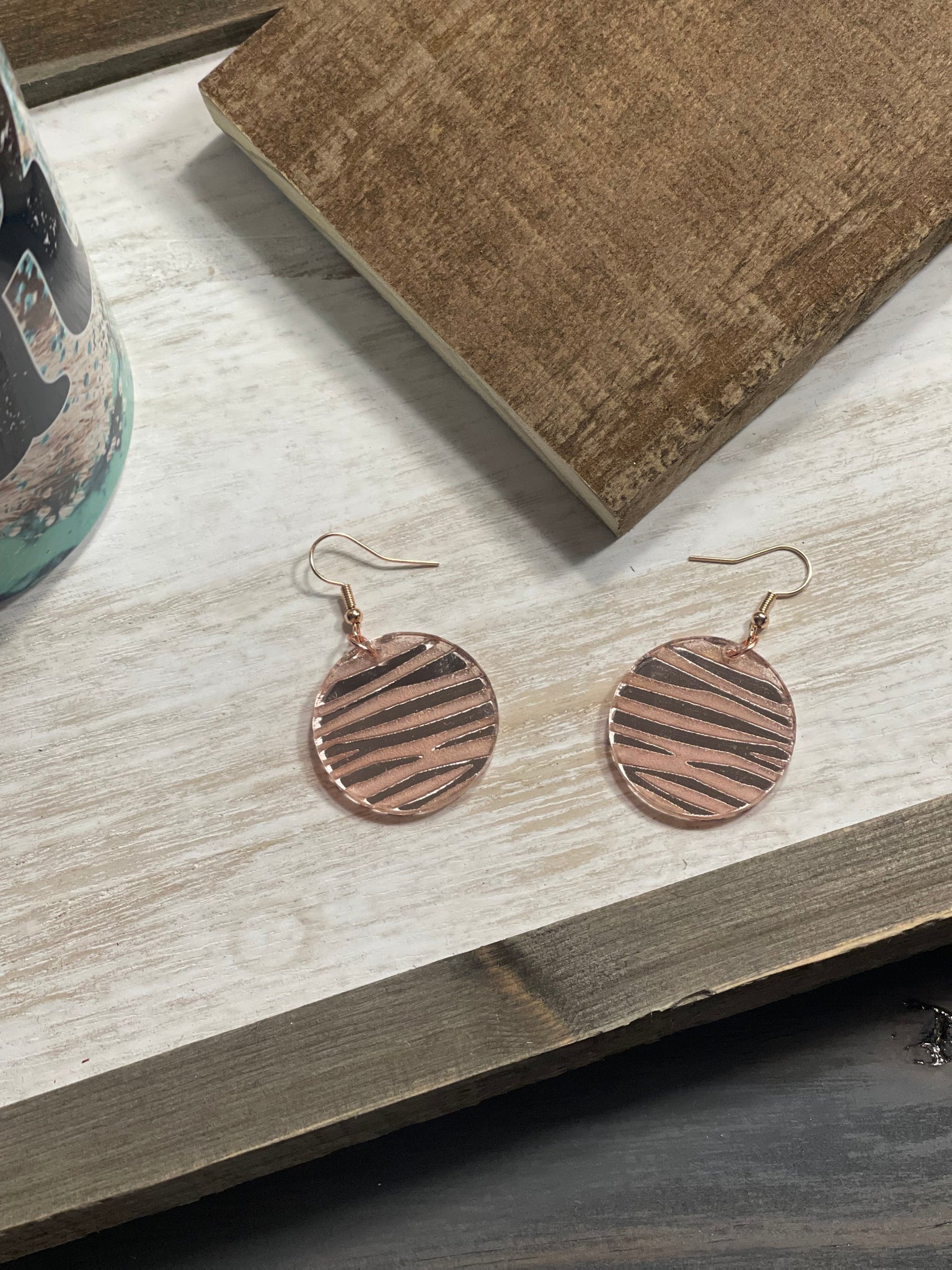 Round Rose Gold Mirror Acrylic Zebra Earrings