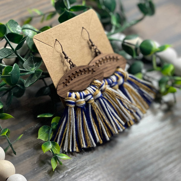 Blue/White/Gold Football Tassel Earrings