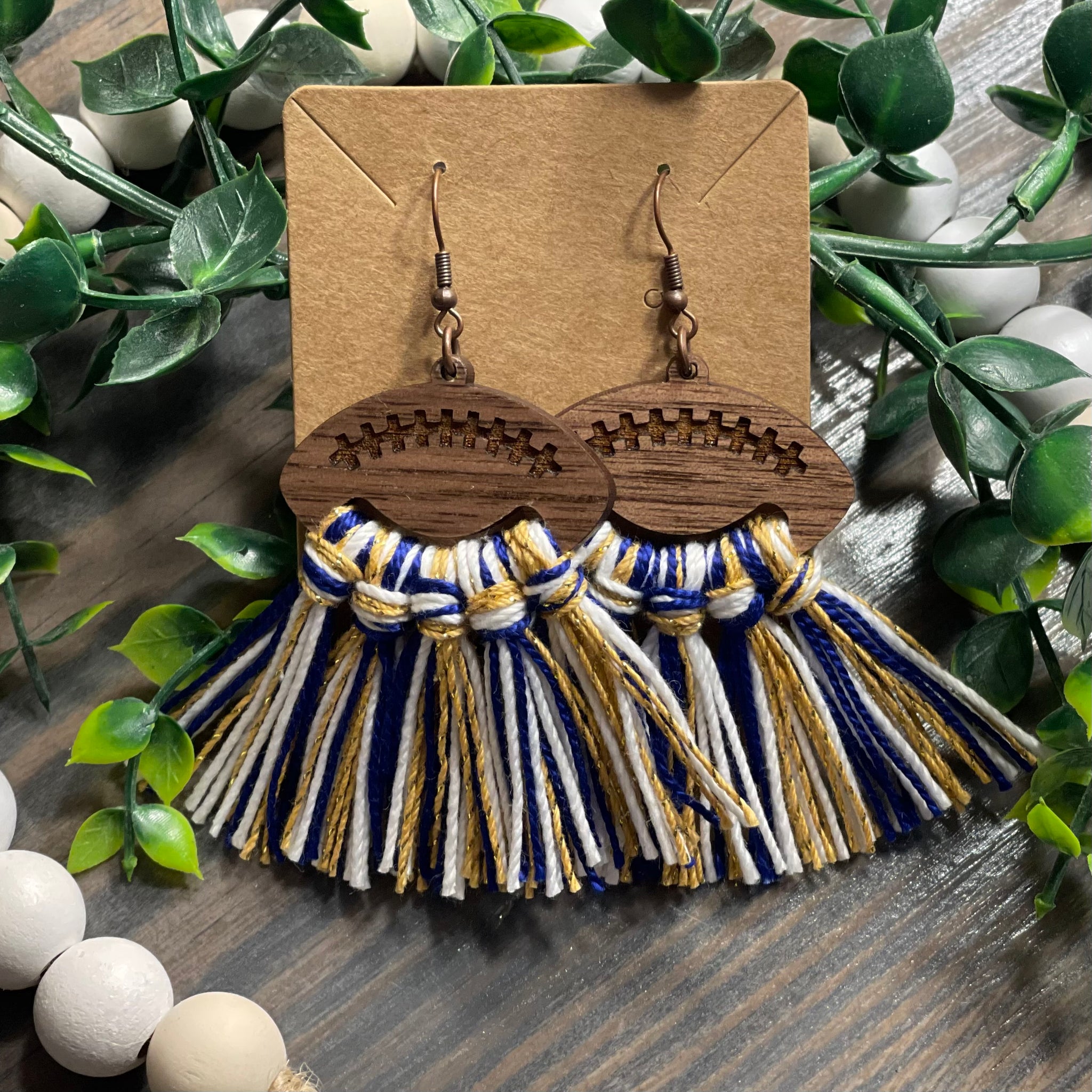 Blue/White/Gold Football Tassel Earrings