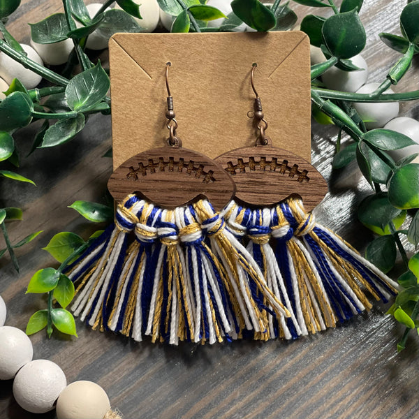 Blue/White/Gold Football Tassel Earrings