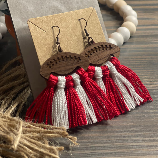 Red/White Football Tassel Earrings