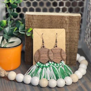 Green/White Baseball Tassel Earrings