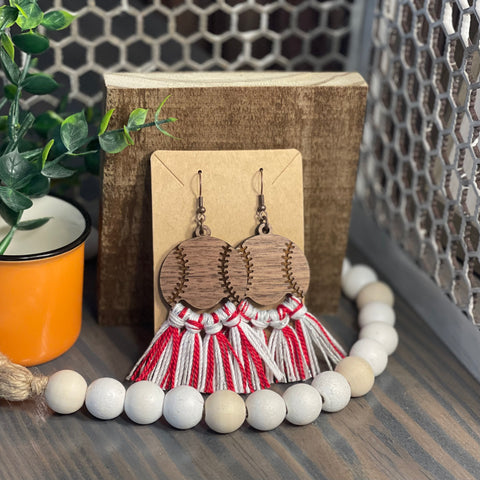 Red/White/Silver Baseball Tassel Earrings