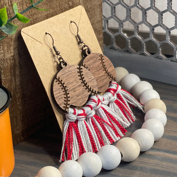 Red/White/Silver Baseball Tassel Earrings