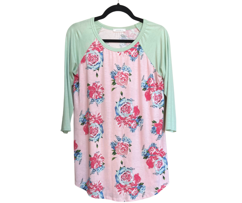 Size S While Supplies Last: 3/4 Sleeve Mint And Floral Tee-Final Sale: No Returns/Exchanges