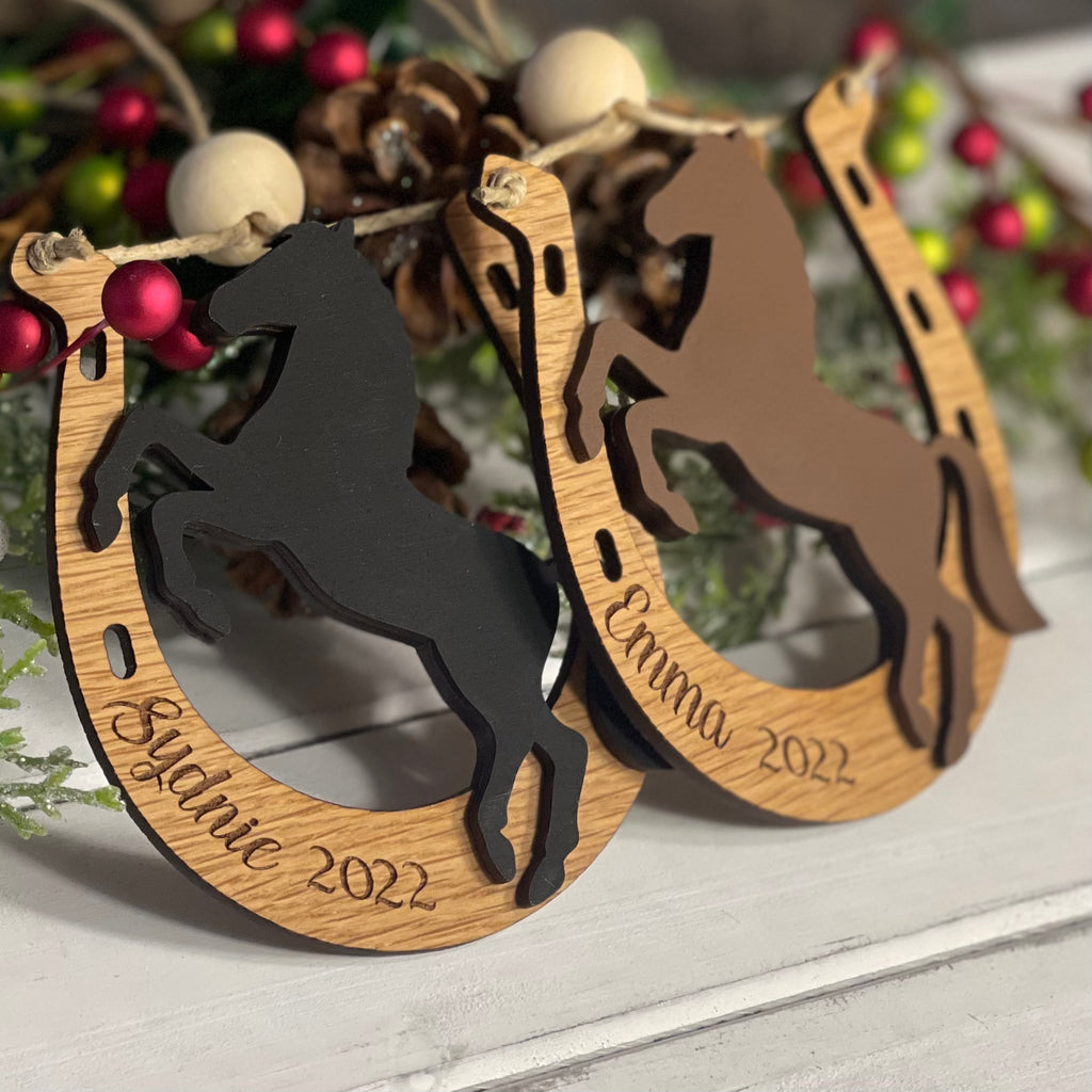 Personalized Brown Horse with Horseshoe Christmas Ornament