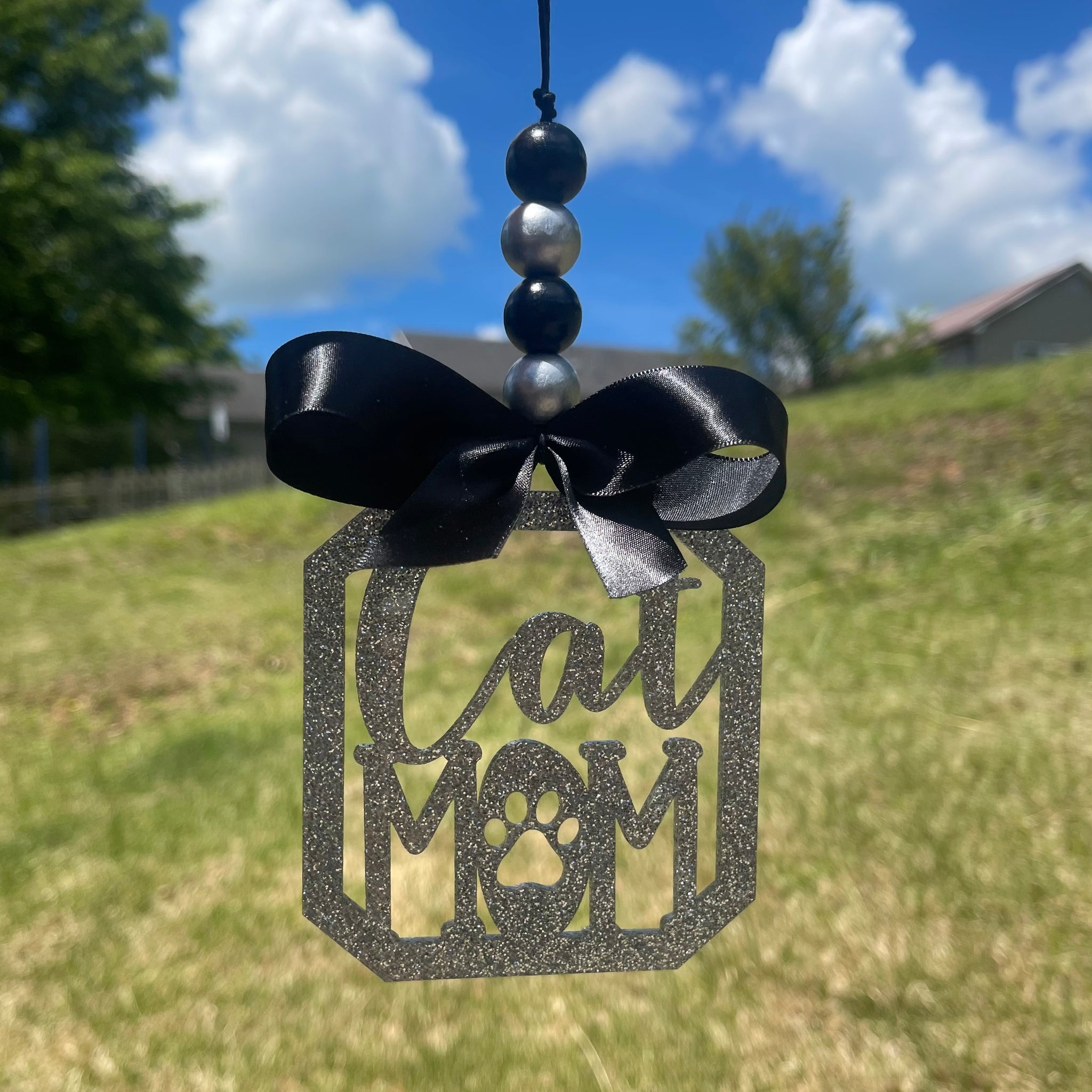 Cat Mom: Black On Silver Glitter Car Charm