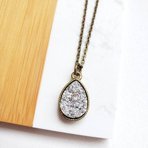 Silver Druzy Teardrop Necklace-24" Chain-Final Sale: No Returns/Exchanges