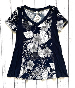 Sizes S While Supplies Last: Navy Floral V-Neck Top-Final Sale: No Returns/Exchanges