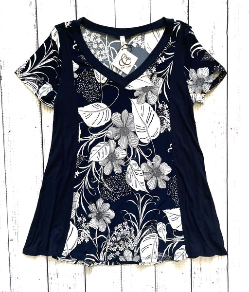 Sizes S While Supplies Last: Navy Floral V-Neck Top-Final Sale: No Returns/Exchanges