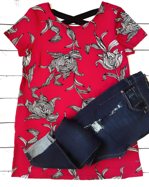 Sizes M While Supplies Last: Red Floral Top-Final Sale: No Returns/Exchanges