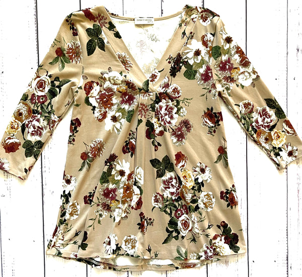 Size S While Supplies Last: Taupe 3/4 Sleeve Floral Tee-Final Sale: No Returns/Exchanges