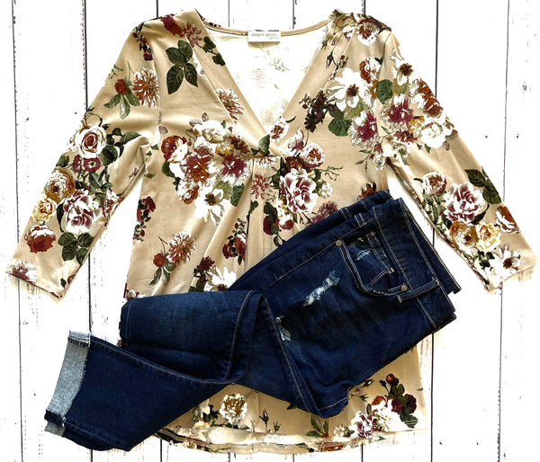 Size S While Supplies Last: Taupe 3/4 Sleeve Floral Tee-Final Sale: No Returns/Exchanges