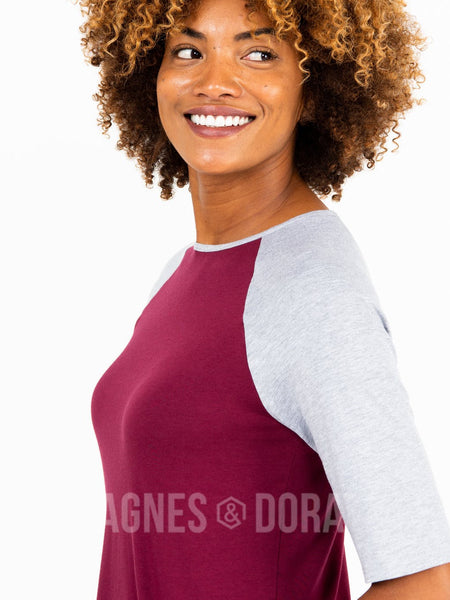 Sizes Small & Medium While Supplies Last: Agnes & Dora™ Raglan Top Wine with Heather Gray: Final Sale. No Returns Or Exchanges