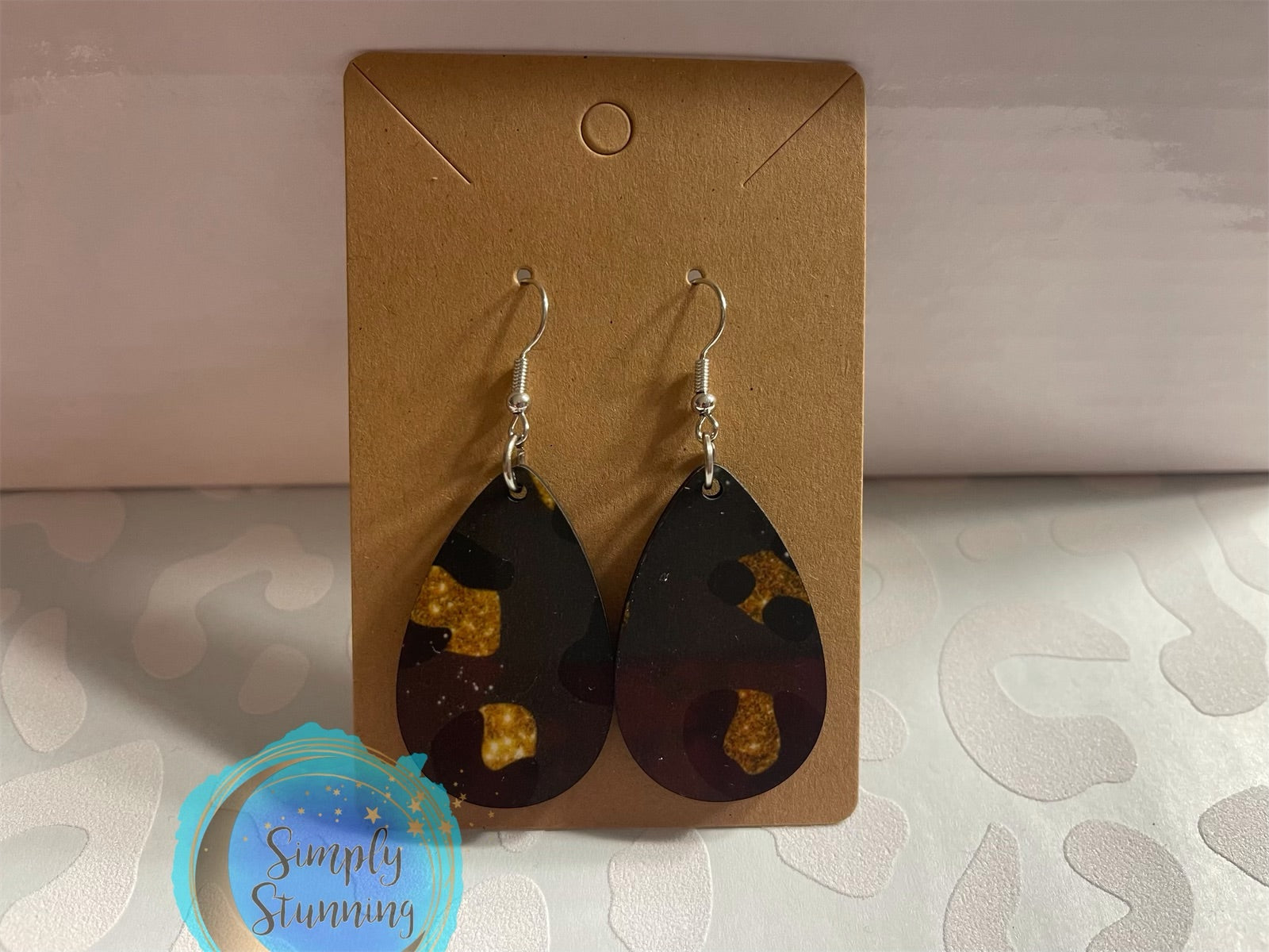 Black/Gold Leopard Sparkle Teardrop Earrings